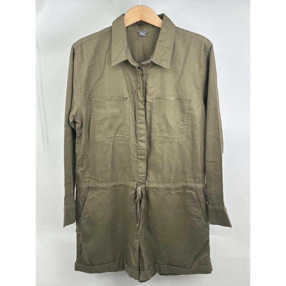 Aerie Utility‎ Romper Women M Army Green Linen Blend Long Sleeve Shorts Pockets